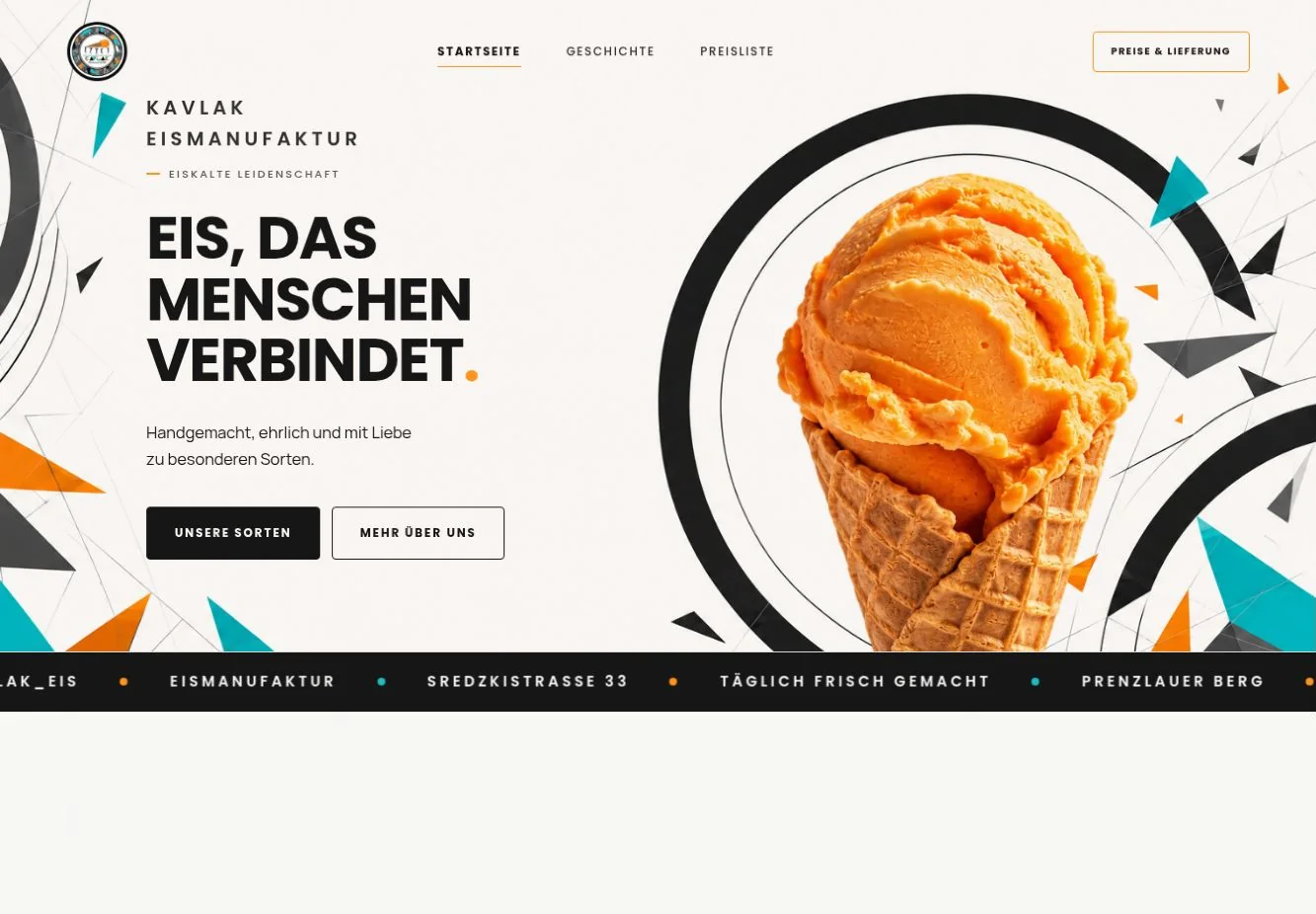 Originalansicht der KAVLAK Website mit Mango-Eis und markanter Typografie
